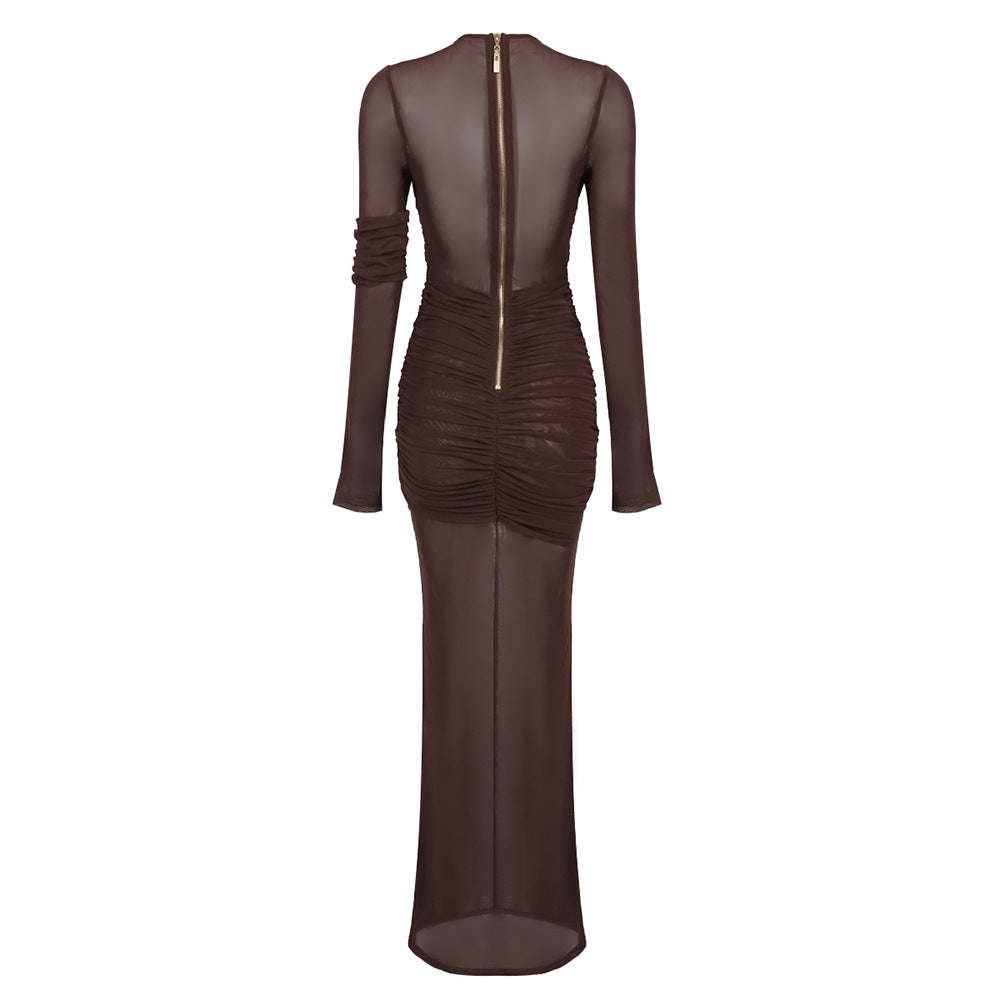 Flowering Girl Women long sleeve mesh insert draped maxi dress