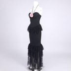 Flowering Girl Women Lace Tiered flower Strapless Maxi Dress in black