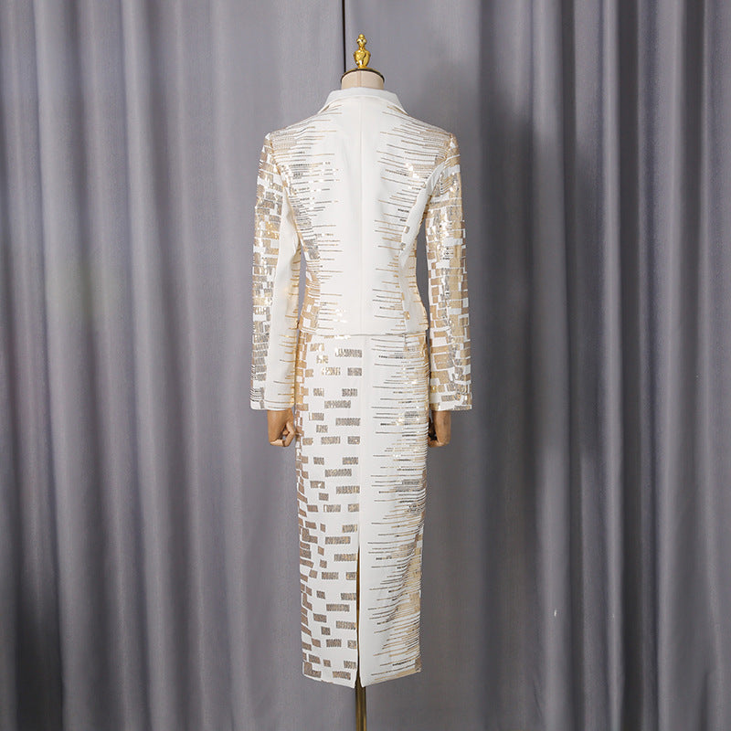 Flowering Girl Women High-Waisted Skirt Gold Sequin Print Blazer Suit In White