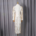 Flowering Girl Women High-Waisted Skirt Gold Sequin Print Blazer Suit In White