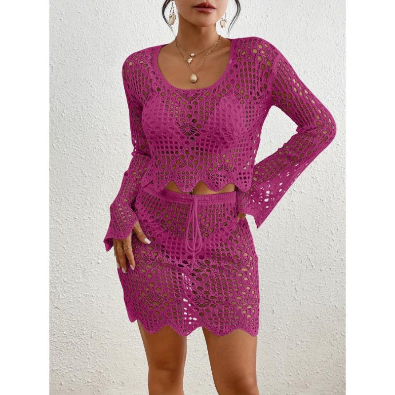 Belinda Bohemian Style Hollowed-Out Lace Swimsuit Cover-Up Set——Red