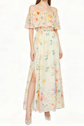 Flowering Girl Women Off-shoulder print slit chiffon maxi dress - pale yellow