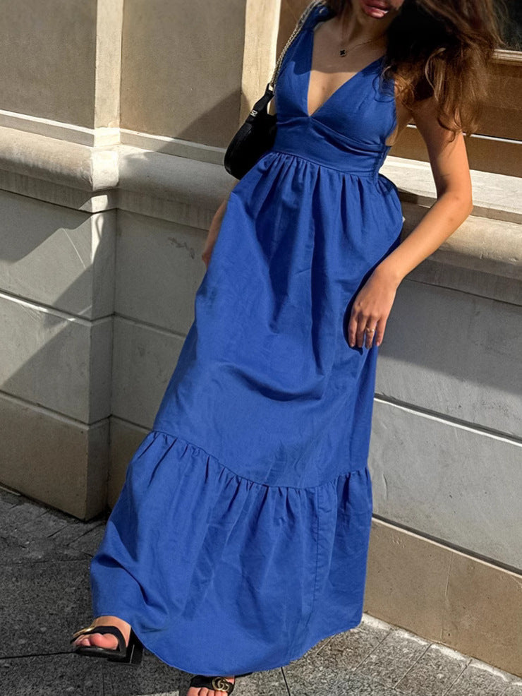 Flowering Girl Women Blue V-neck camisole linen A-line maxi dress