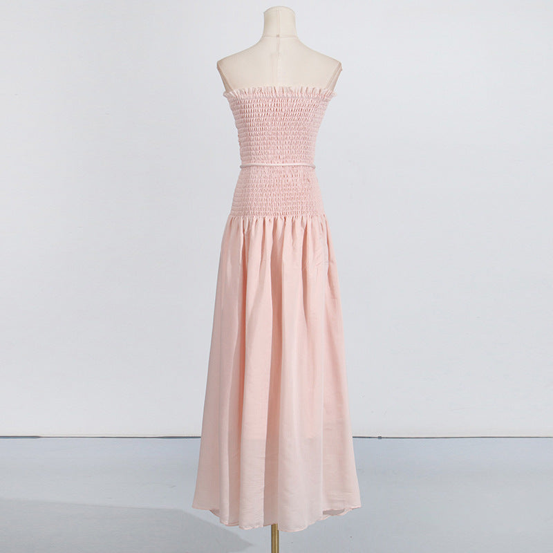 Flowering Girl Women pleated belt chiffon strapless maxi dress in pale pink