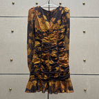 Flowering Girl Women floral print hollow tulle mini dress in brown
