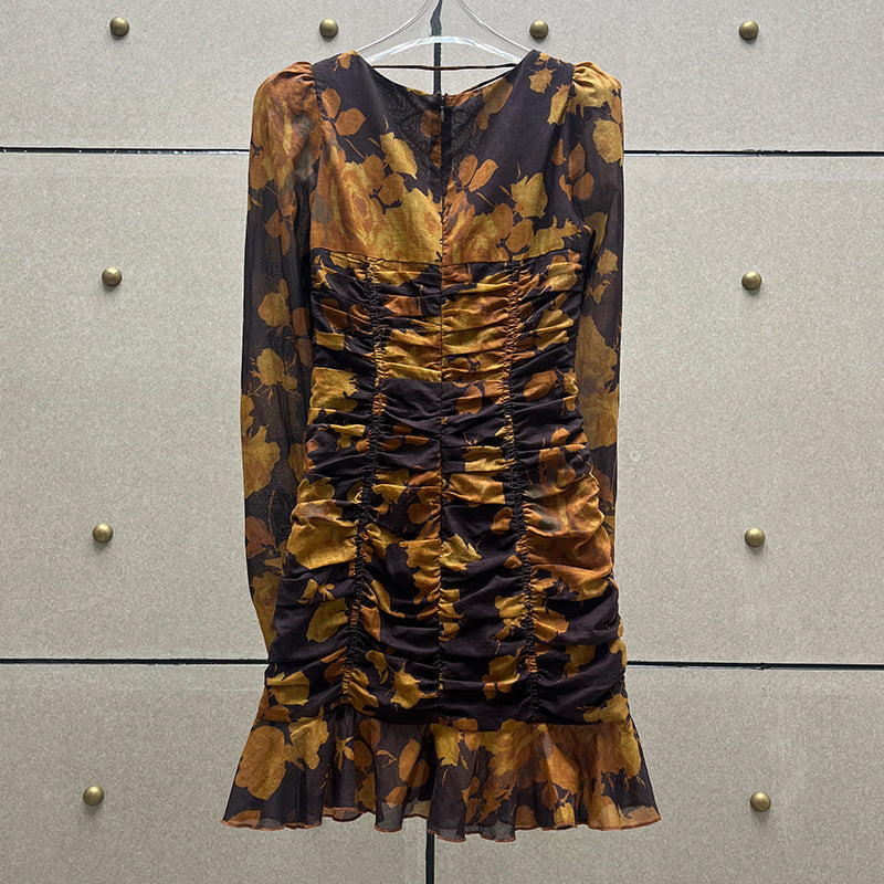 Flowering Girl Women floral print hollow tulle mini dress in brown