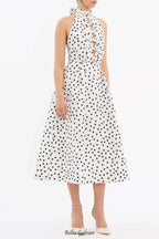 Flowering Girl Women Bow Polka Dot Halter Neck Midi Dress in white
