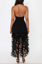 Flowering Girl Women marina ruffle trim halter bodycon mini dress - black