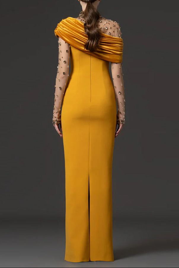 Flowering Girl Women Mesh-paneled beaded rhinestone-embellished maxi dress - yellow