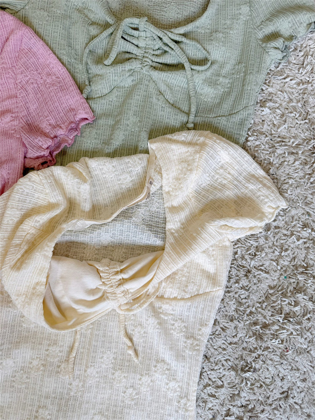 Ruched Front Ruffle Short Sleeve U-Neck Knit Top