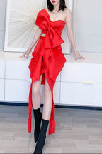 Dolores Strapless Two-Piece Set, Adorned With Bows And Irregular Ribbon Decorations-Red
