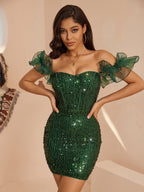 Victoria Green Ruffled Corset Bodycon Mini Dress