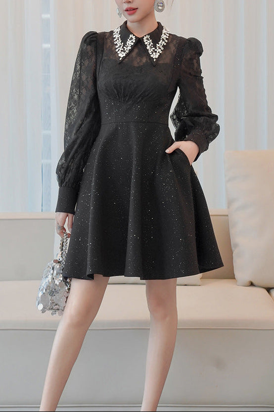 Lynn Black Rhinestone Collar Neck Lace Hollow Sleeve Mini Dress