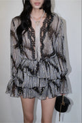 Flowering Girl Women georgia Lace V-neck printed gold leather jacquard mini shirt dress - black