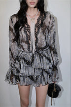 Flowering Girl Women georgia Lace V-neck printed gold leather jacquard mini shirt dress - black