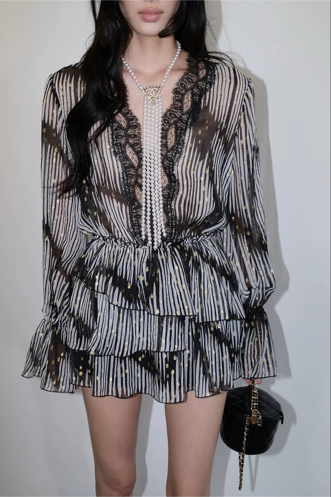 Flowering Girl Women georgia Lace V-neck printed gold leather jacquard mini shirt dress - black