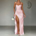 Flowering Girl Women pink suspender slits maxi dress