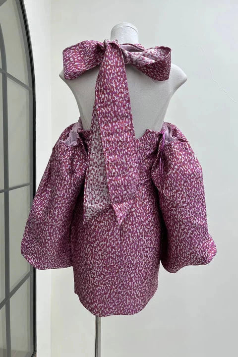 Jacquard Rose Pink Halterneck Mini Dress