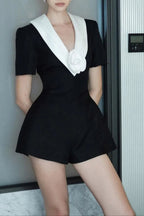 Flowering Girl Women v Neck White 3d Flower Jumpsuit In Black