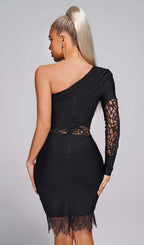 Flowering Girl Women One Shoulder Insert Lace Midi Dress In Black