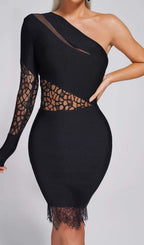 Flowering Girl Women One Shoulder Insert Lace Midi Dress In Black