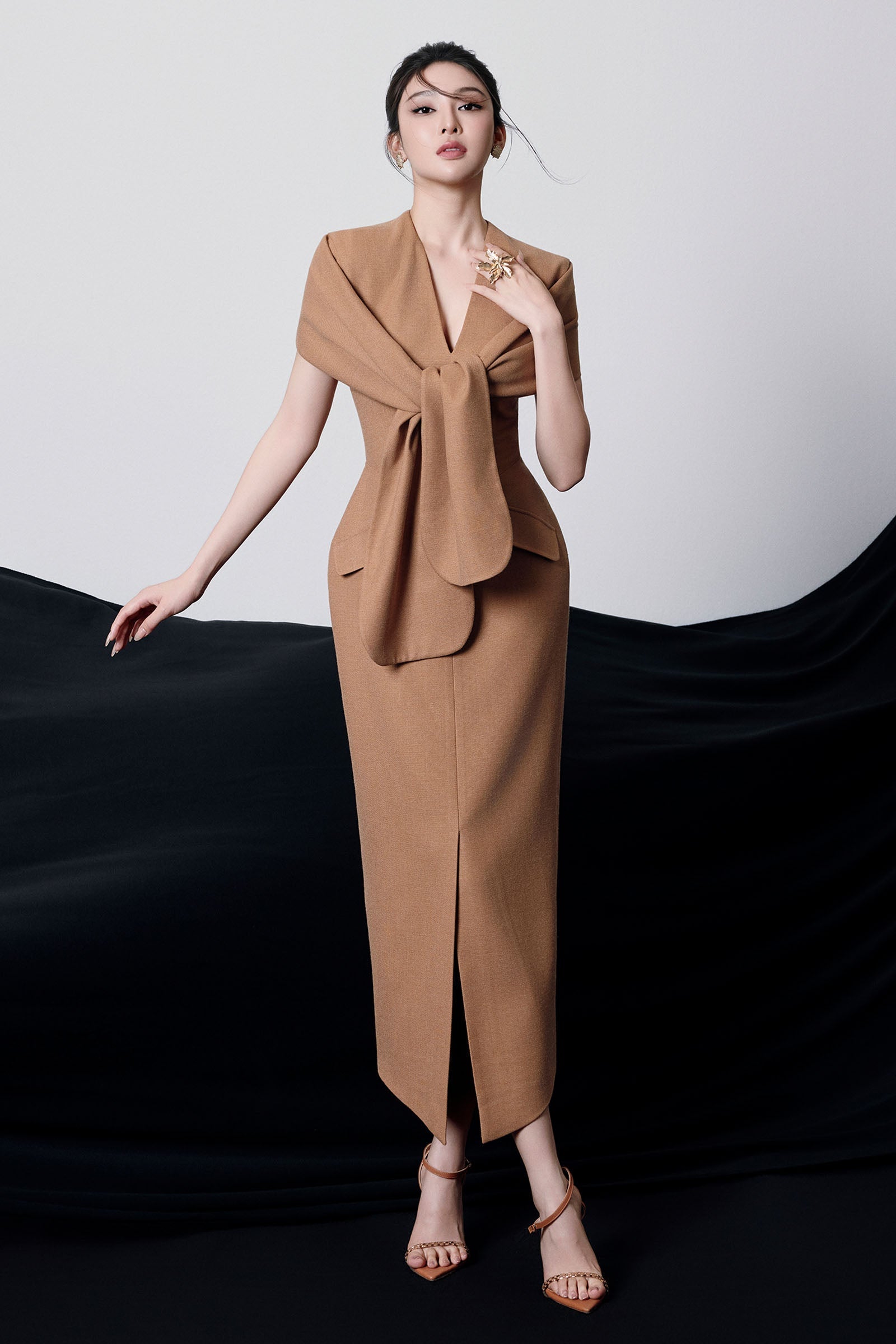 beverly V-Neck Draped slit Midi Dress in brown