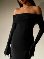 Flowering Girl Women Off Shoulder Flounce Sleeve Mesh Sequin Dress