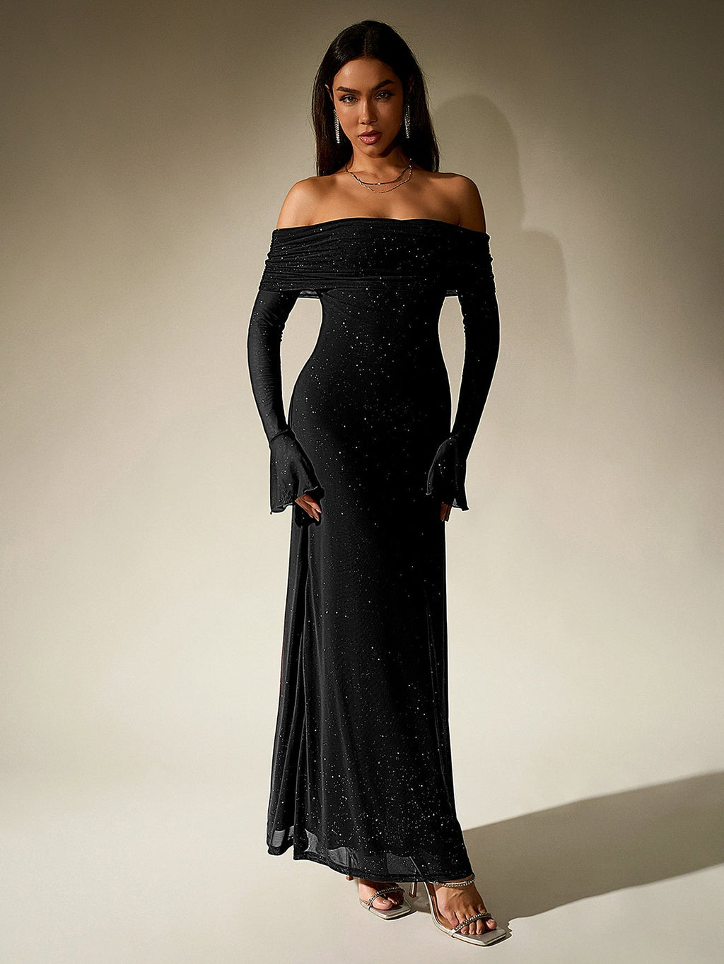 Flowering Girl Women Off Shoulder Flounce Sleeve Mesh Sequin Dress