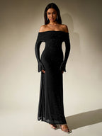 Flowering Girl Women Off Shoulder Flounce Sleeve Mesh Sequin Dress