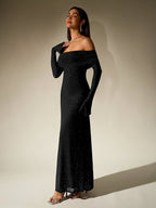 Flowering Girl Women Off Shoulder Flounce Sleeve Mesh Sequin Dress
