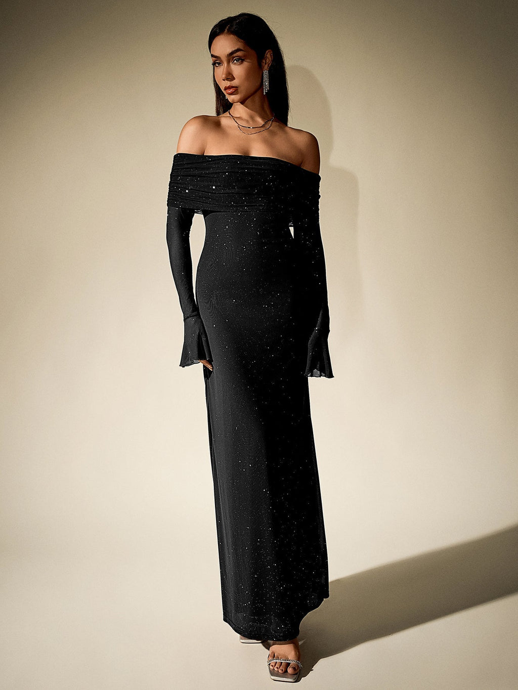 Flowering Girl Women Off Shoulder Flounce Sleeve Mesh Sequin Dress