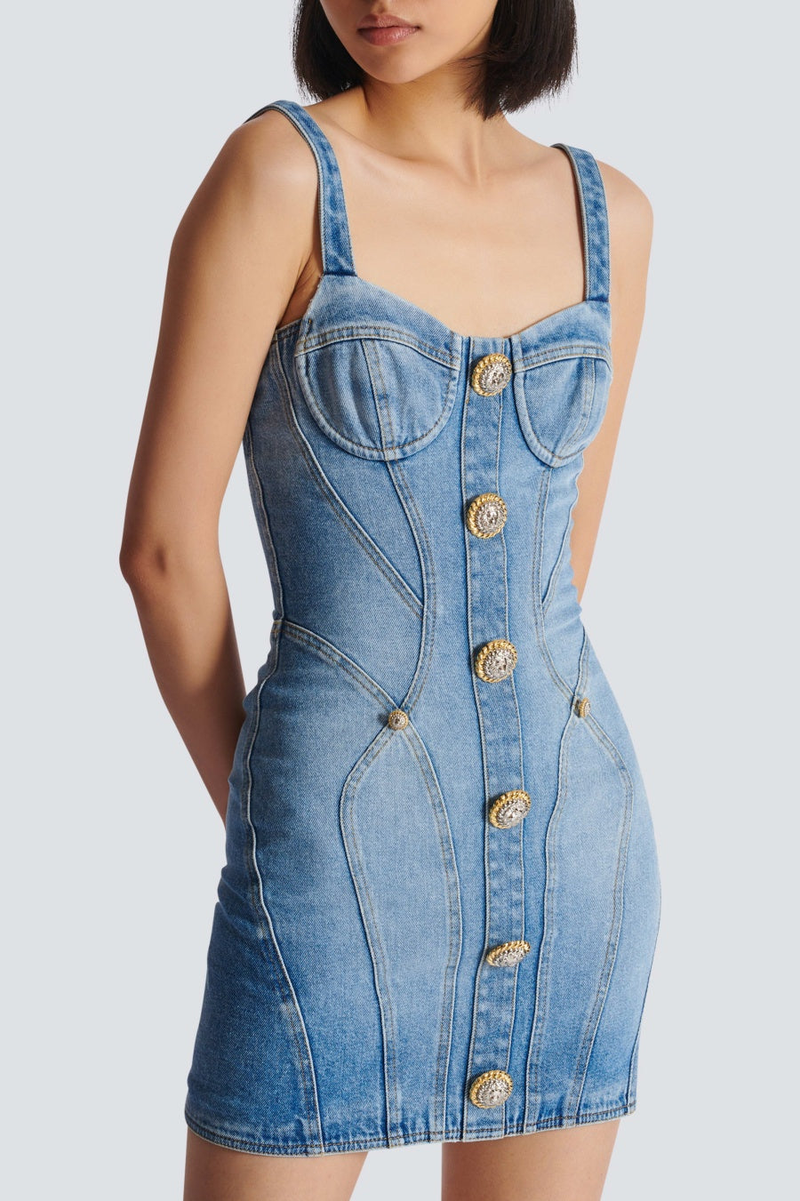 Flowering Girl Women Ogana Gold Buttoned Denim Mini Dress