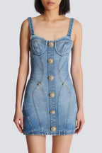 Flowering Girl Women Ogana Gold Buttoned Denim Mini Dress