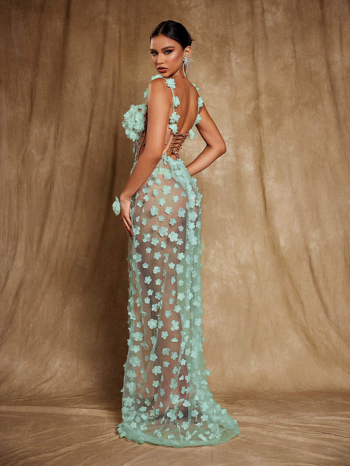 Flowering Girl Women Oksana Spaghetti Flower Corset Maxi Dress In Green
