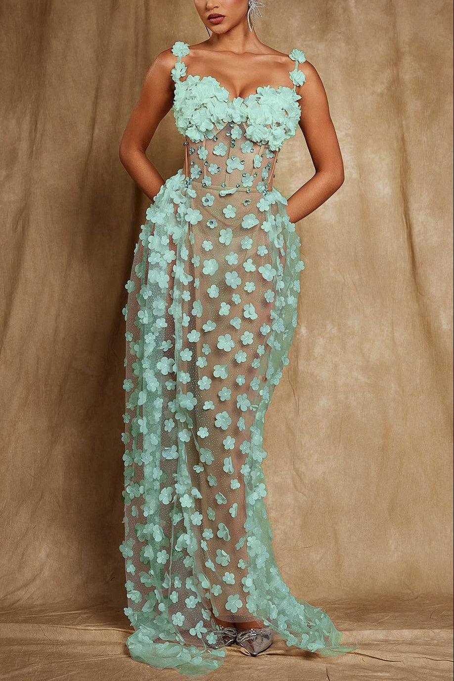 Flowering Girl Women Oksana Spaghetti Flower Corset Maxi Dress In Green