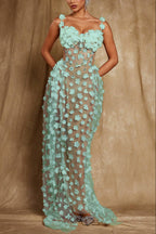 Flowering Girl Women Oksana Spaghetti Flower Corset Maxi Dress In Green