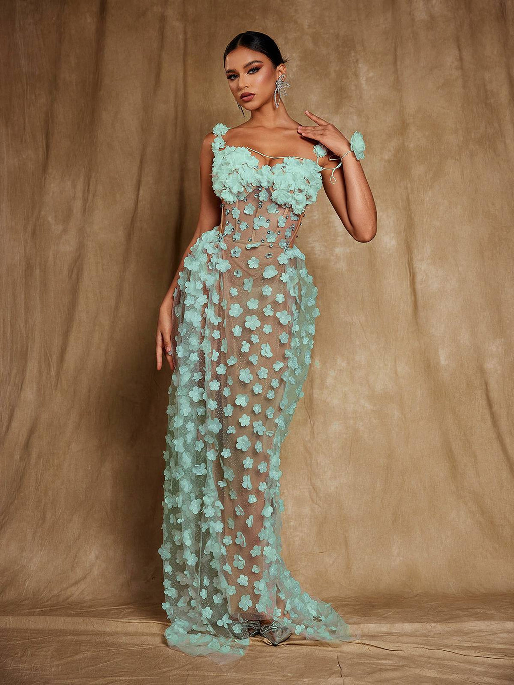 Flowering Girl Women Oksana Spaghetti Flower Corset Maxi Dress In Green