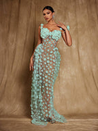 Flowering Girl Women Oksana Spaghetti Flower Corset Maxi Dress In Green