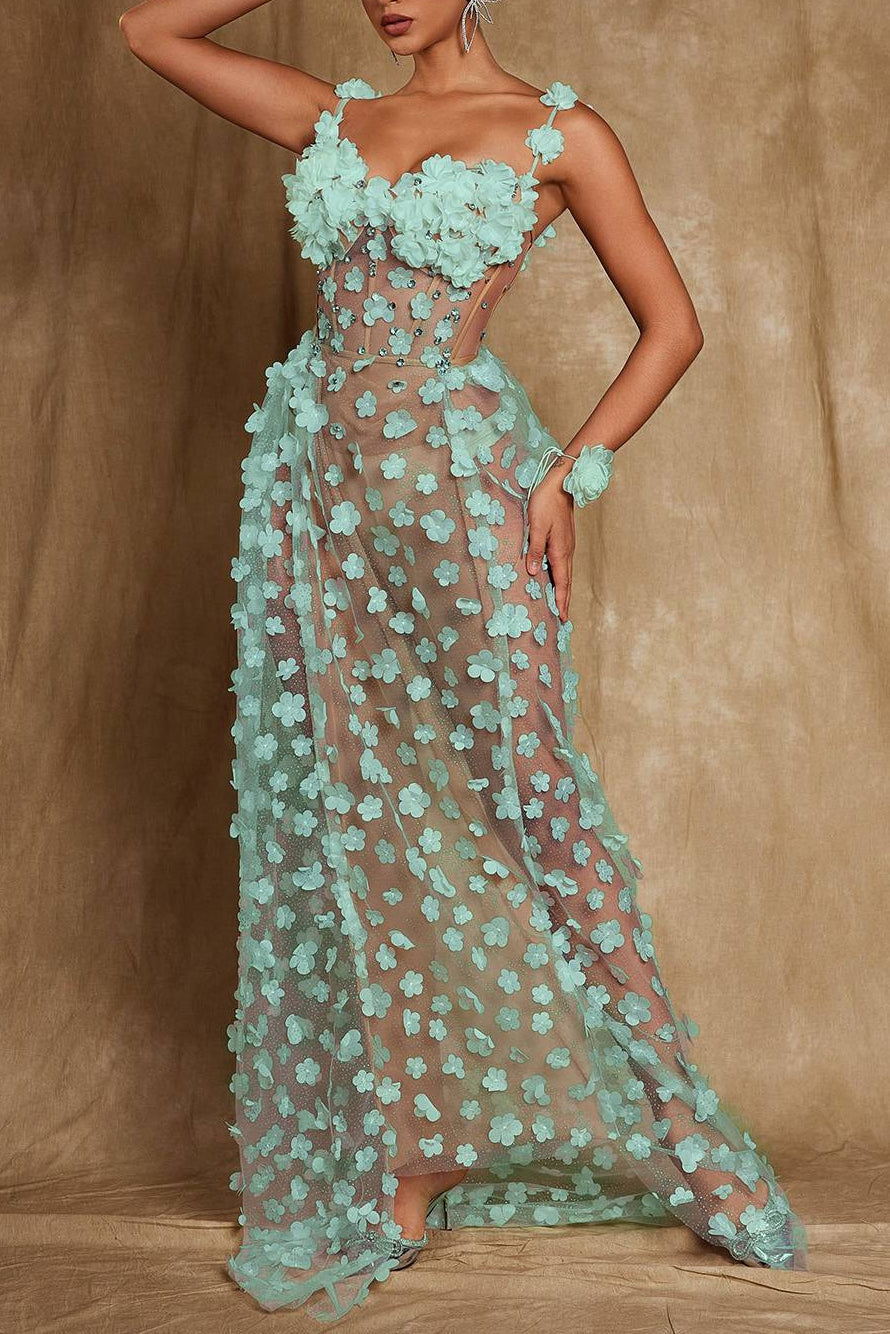 Flowering Girl Women Oksana Spaghetti Flower Corset Maxi Dress In Green
