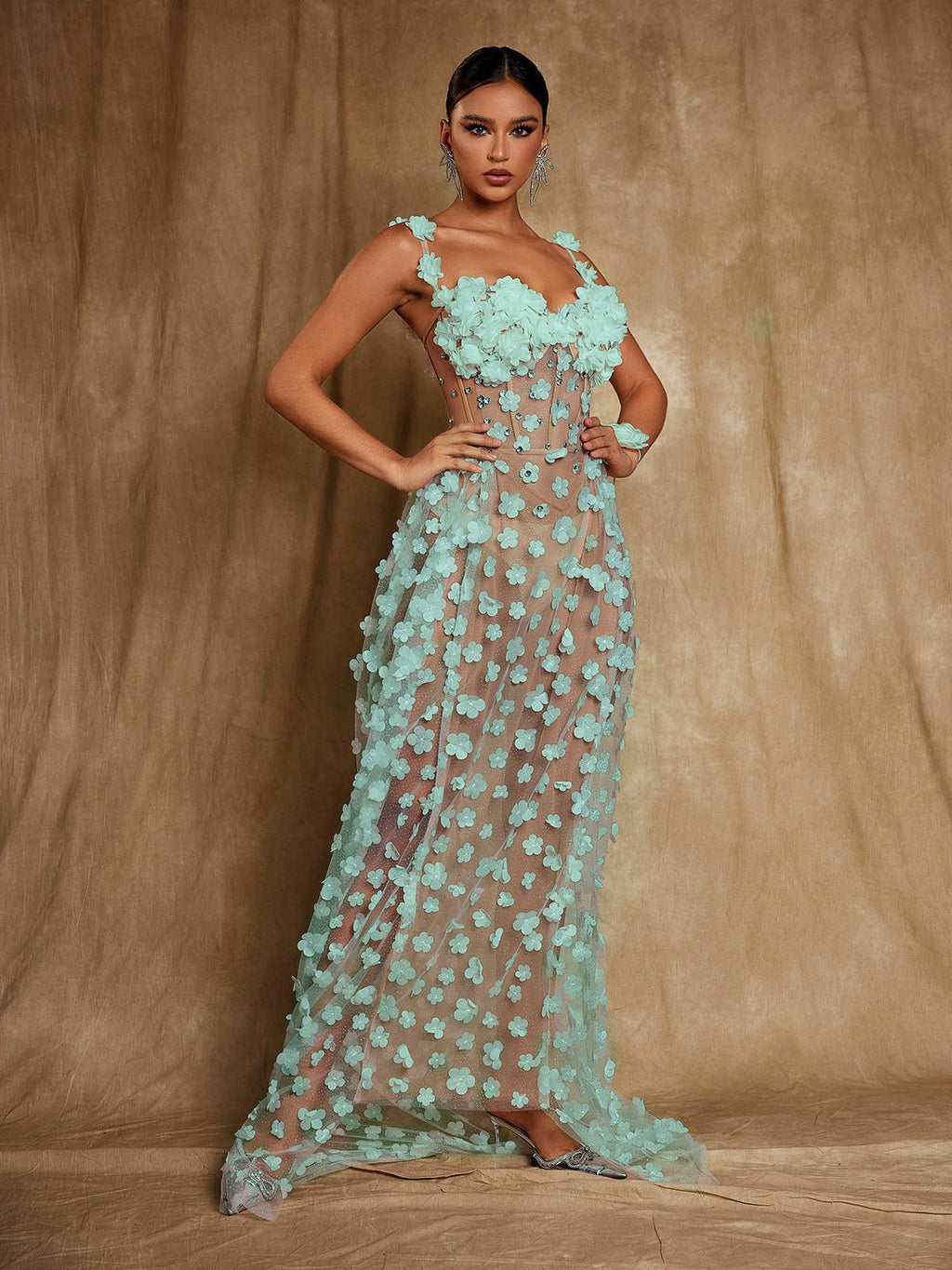 Flowering Girl Women Oksana Spaghetti Flower Corset Maxi Dress In Green