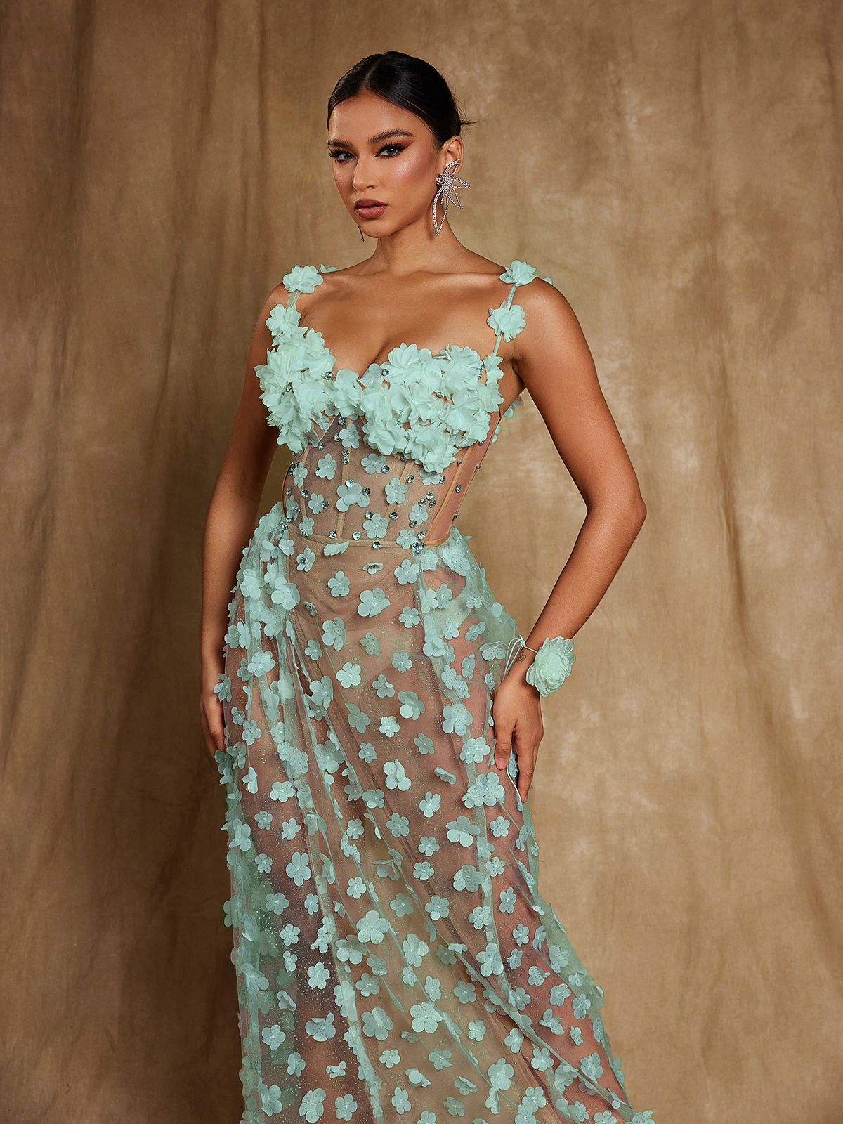 Flowering Girl Women Oksana Spaghetti Flower Corset Maxi Dress In Green