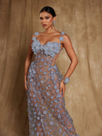 Flowering Girl Women Oksana Spaghetti Flower Corset Maxi Dress In Blue