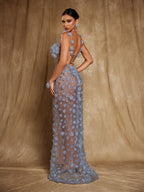 Flowering Girl Women Oksana Spaghetti Flower Corset Maxi Dress In Blue