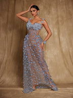 Flowering Girl Women Oksana Spaghetti Flower Corset Maxi Dress In Blue