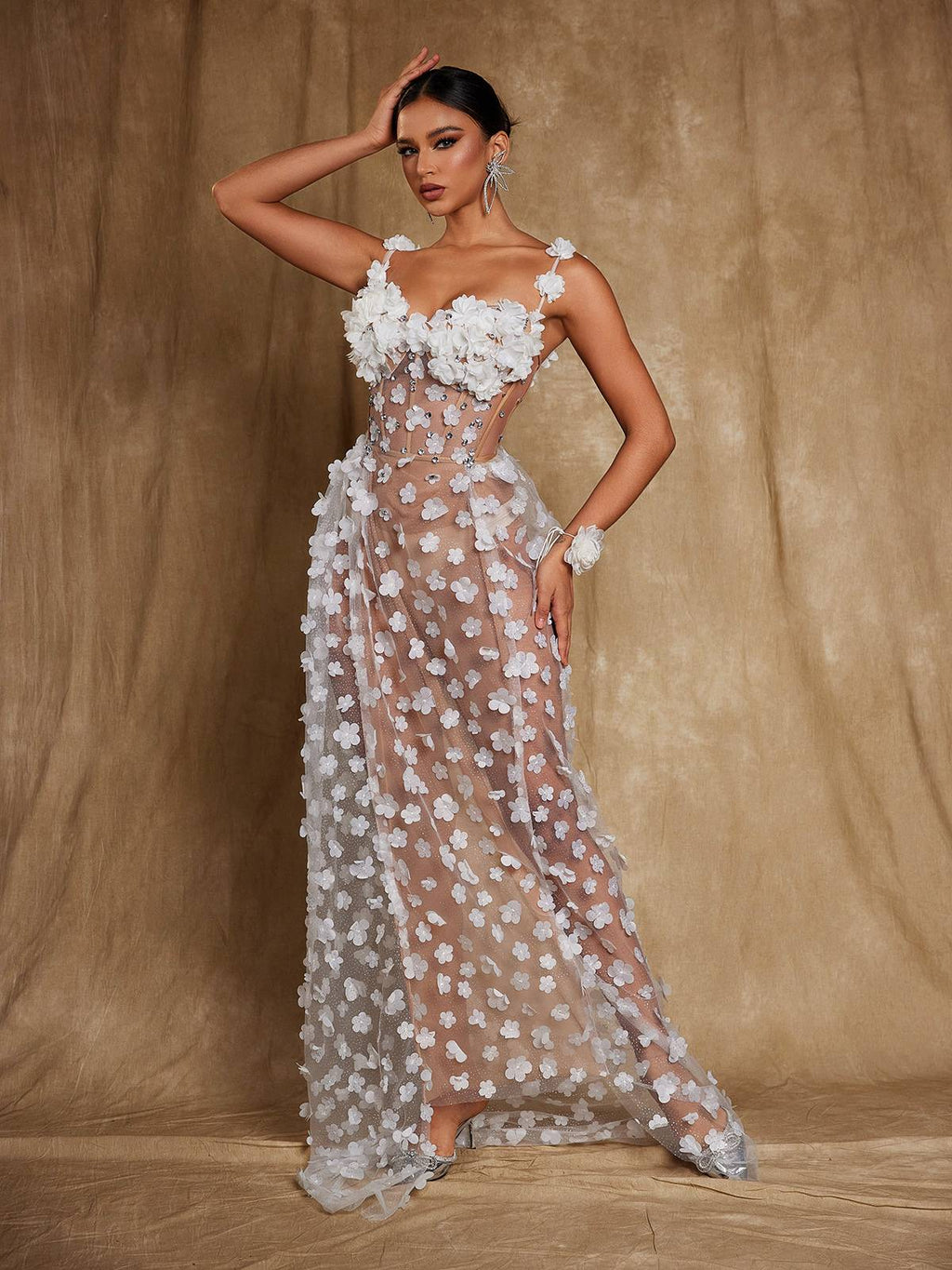 Flowering Girl Women Oksana Spaghetti Flower Corset Maxi Dress In White