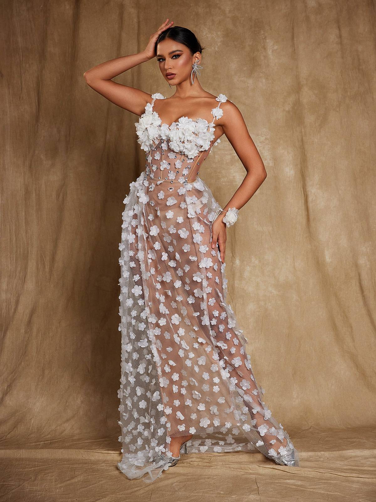 Flowering Girl Women Oksana Spaghetti Flower Corset Maxi Dress In White