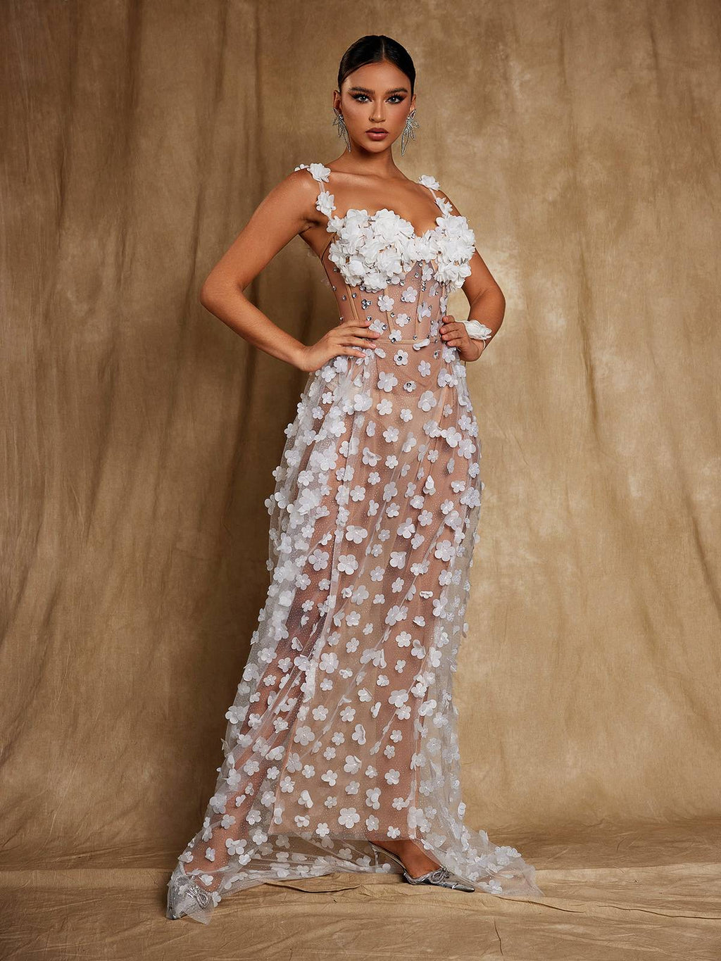 Flowering Girl Women Oksana Spaghetti Flower Corset Maxi Dress In White