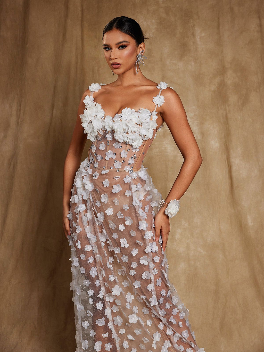 Flowering Girl Women Oksana Spaghetti Flower Corset Maxi Dress In White