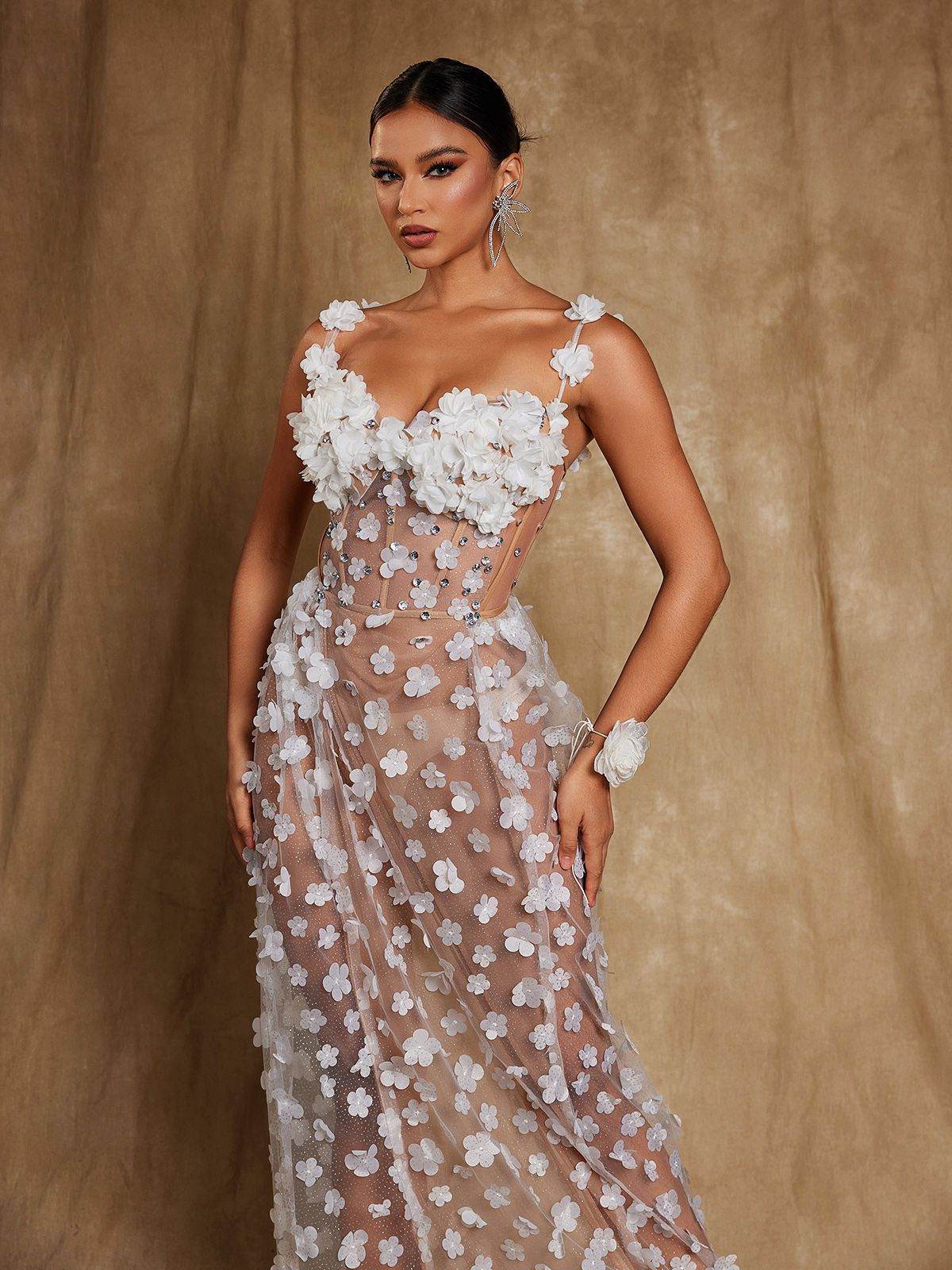 Flowering Girl Women Oksana Spaghetti Flower Corset Maxi Dress In White