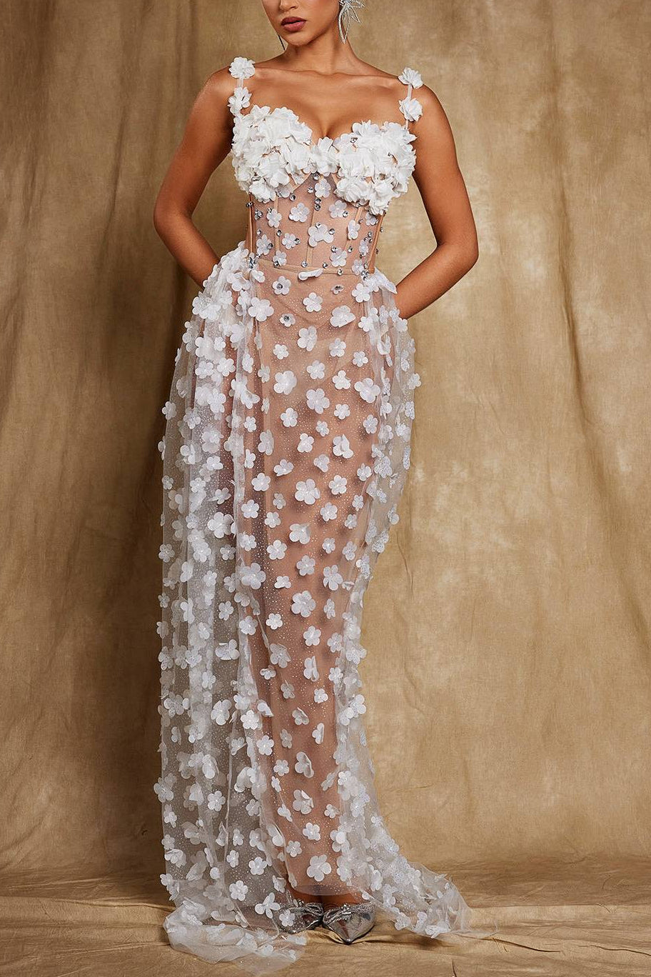 Flowering Girl Women Oksana Spaghetti Flower Corset Maxi Dress In White